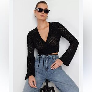 Black Open Knit Crochet Cropped Wrap Bell Sleeve Cardigan S/M Beachy Whimsygoth